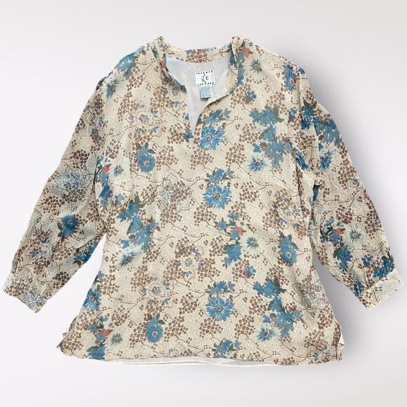 ICE Vintage Silk Beaded Blouse Womens Size 3X Beige‎  Blue Boho Floral - Picture 1 of 10